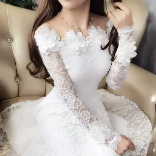 2020 Spring Summer Women Dresses Sexy Slash Neck Floral Lace Dress Female High Waist Long Sleeve A-Line Vestidos DV11 | Женская одежда
