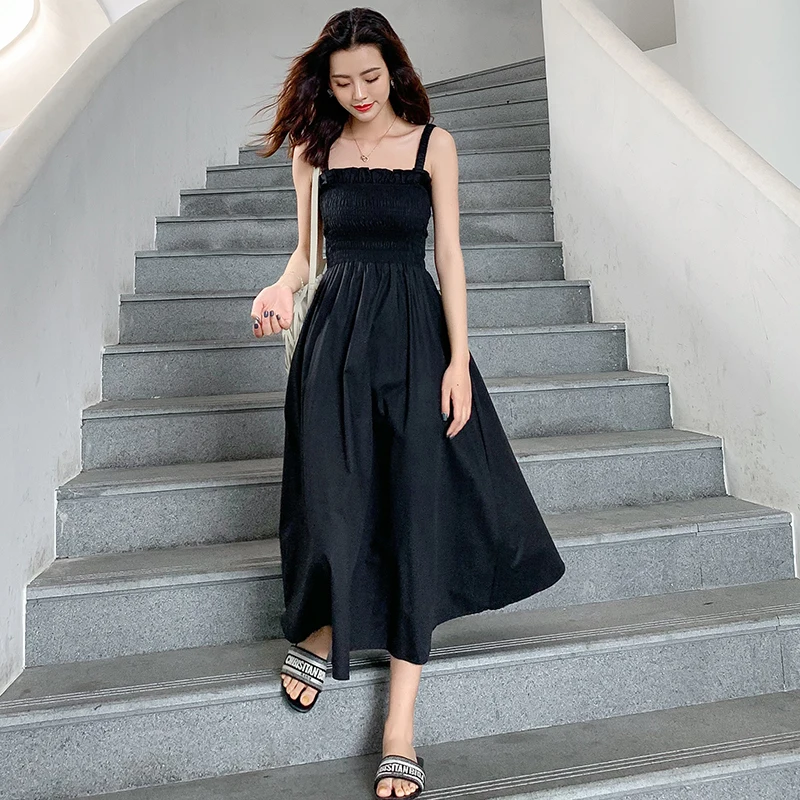 Женский винтажный сарафан на бретельках черное Повседневное платье для отпуска