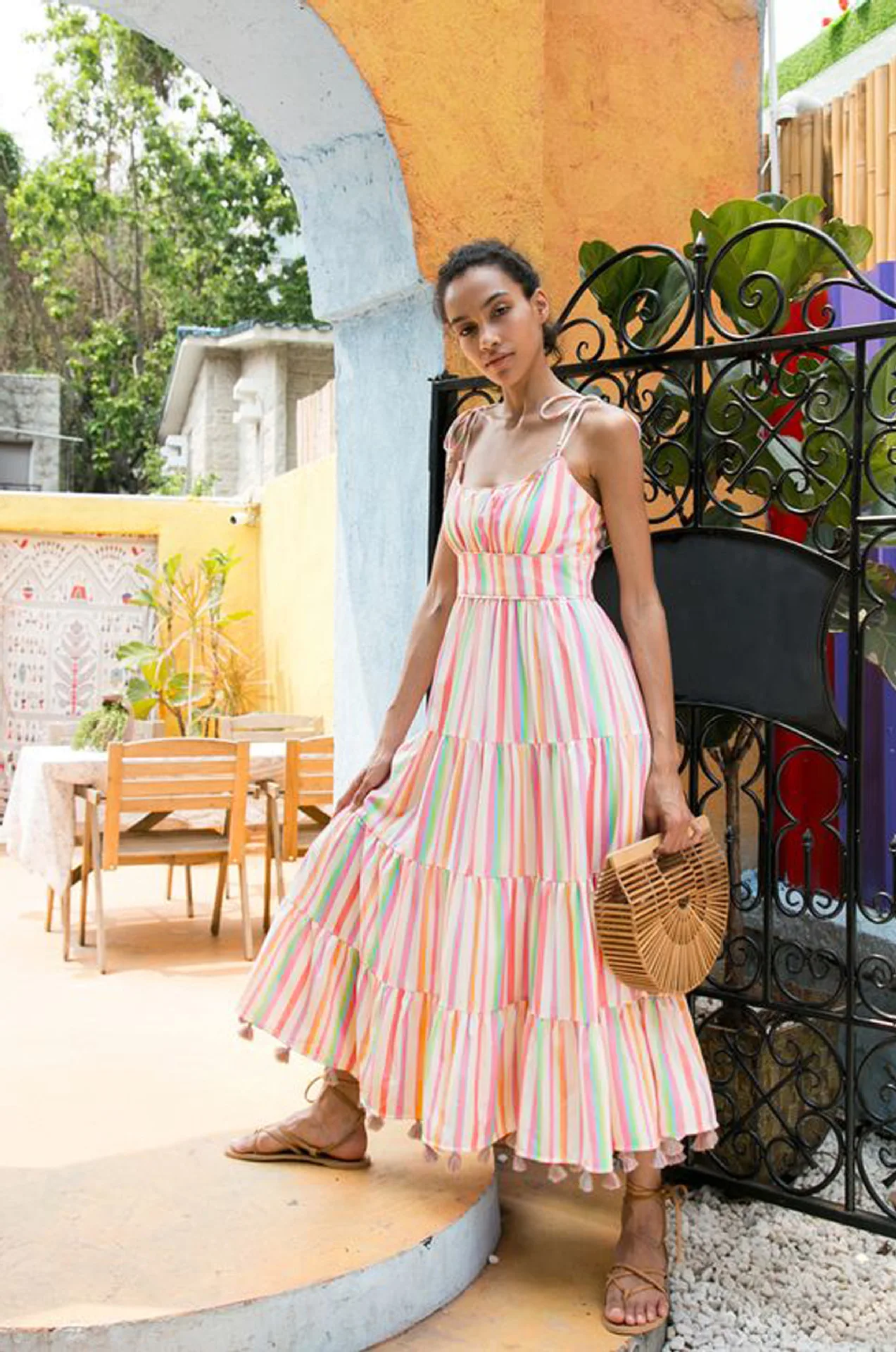 

Casual chic multicolor striped youth dress female dress 2021 summer new elastic chest striped women's clothing