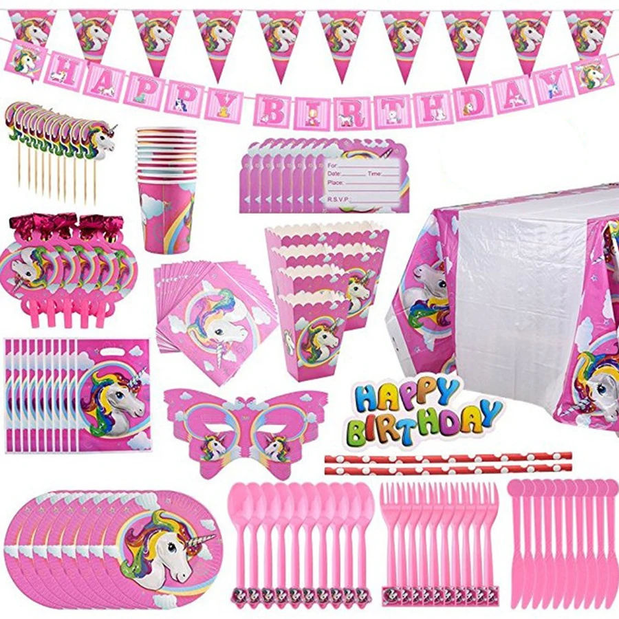 

Unicorn Theme Birthday Party Decoration Pink Cartoon Theme Napkins Paper Plates For Child Birthday Party Decoration Supplies