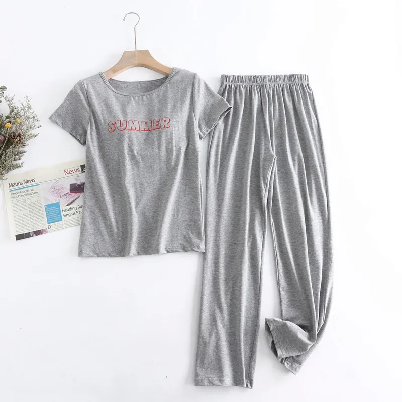 

Women Sleepwear Bra Pad Pajamas Set Short Sleeve Trousers Spring Summer Pijamas Casual Loose Ladies Pyjama Suit Home Wear