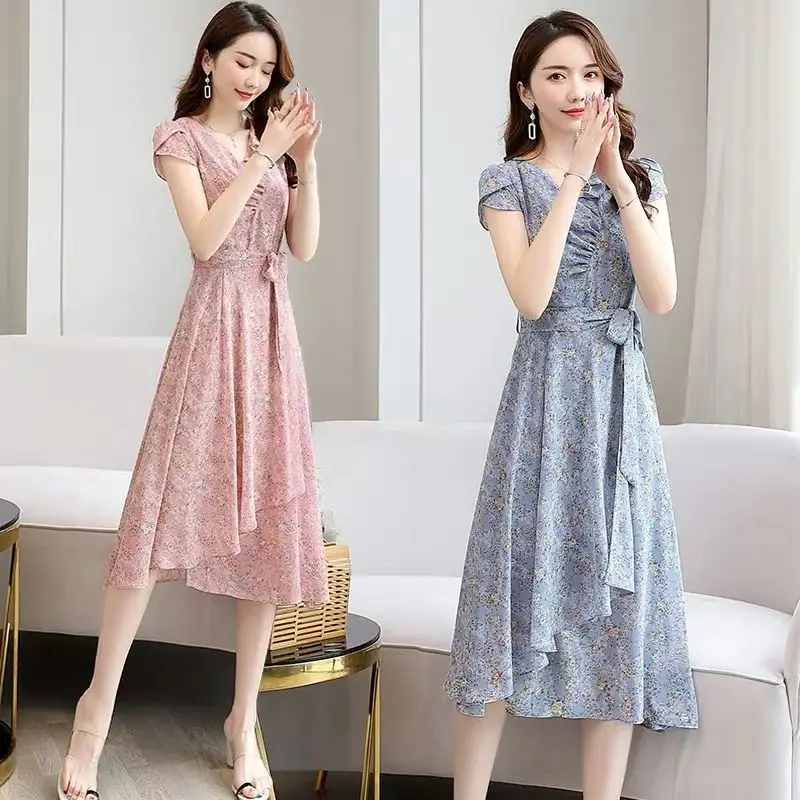 

Women Spring Summer Style Dress Women's V-Neck Thin Section Chiffon Printing Slim Sashes Temperament Ladies Dress SS3069