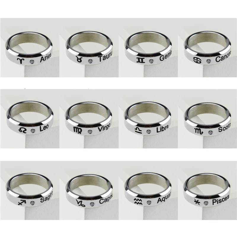 

12 Constellations Ring with Rhinestone Stainless Steel Tail Ring for Women Men Zodiac Elegant Jewelry Birthday Wedding Gift