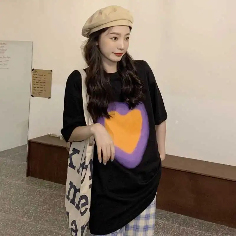 

Real Shot Special Heart Print Loose Solid Color Short Sleeve