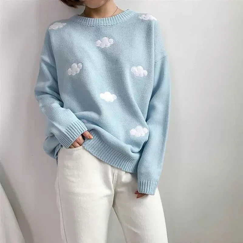 

Women's Korean Style Sweet Pullover Sweaters Simple O Neck Cloud Embroidery Loose Knitted Jumpers for Female Autumn Winter Chic