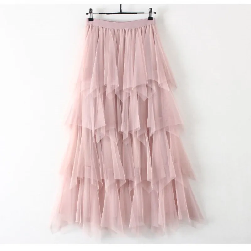 

Irregular Tulle Skirt Women Long Skirt 2019 Korean Elatic High Waist Sun Falda Female Midi Calf Mesh Multi layer Ruffles Skirt
