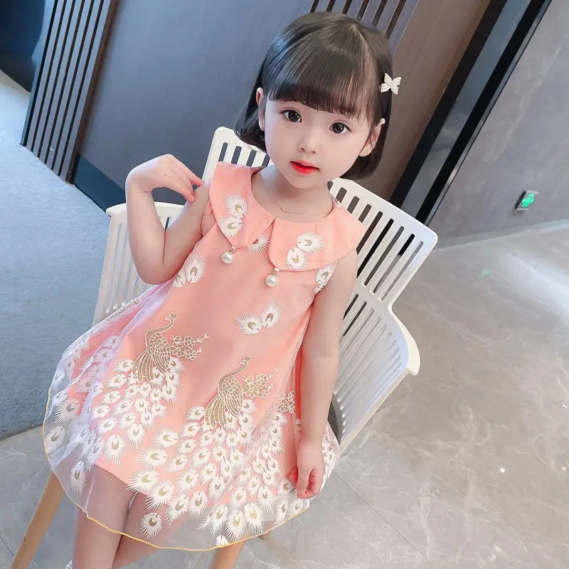 

Платье-Ципао в китайском стиле для маленьких девочек, модель 2021 года, классическое платье с вышивкой в виде павлина