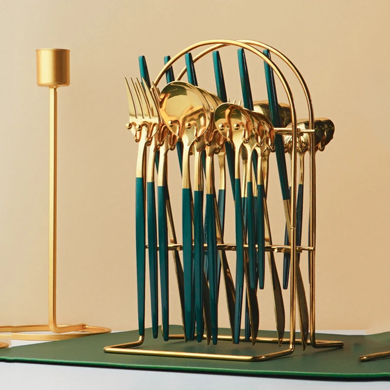 

Набор посуды из 24 предметов золотистого цвета из нержавеющей стали, набор ножей, вилок, ложек, набор столовых приборов с полкой для хранения,...