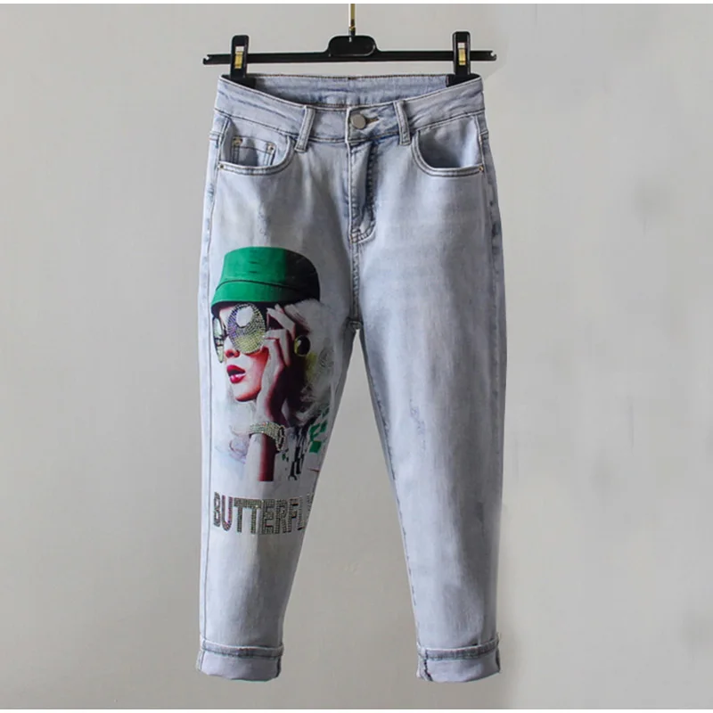 Размер плюс проблемная Многоцветная Картина с манжетами капри джинсы 4XL Летняя