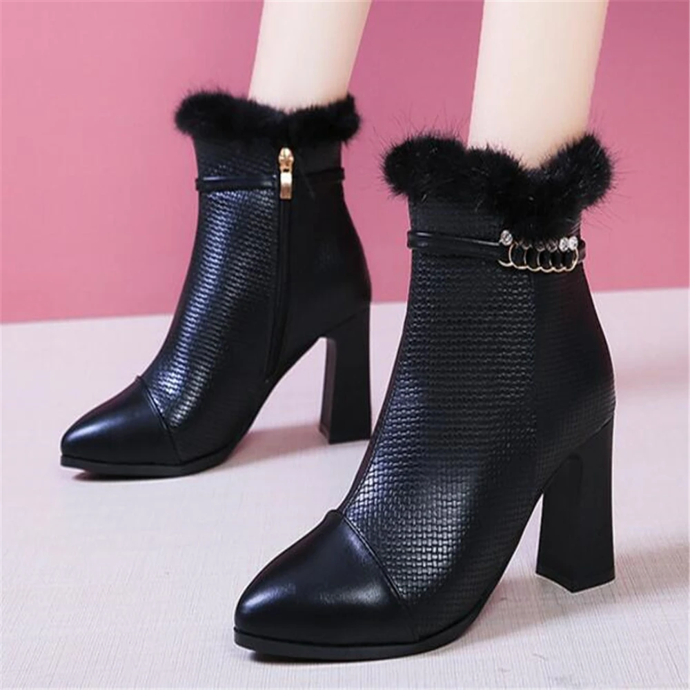 Ankle boots women Genuine Leather shoes solid square heels woman Zipper Fur snow lady Snow Boot Botas Mujer y504 | Обувь