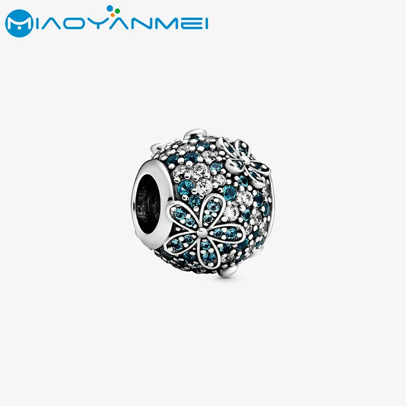 

2020 Spring 925 Sterling Silver Beads Teal Pave Setting Daisy Flower Charms fit Original Pandora Bracelets Women DIY Jewelry