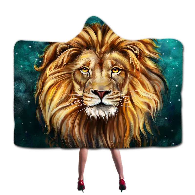 Зимнее теплое одеяло с принтом тигра и животных переносное капюшоном для дома