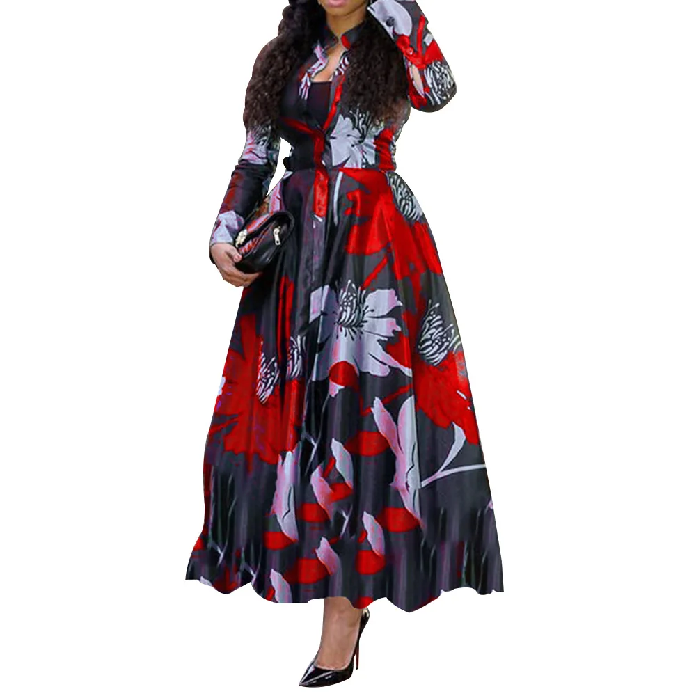 

Women Vintage Floral Printed Long Sleeve Autumn Dress Retro Plus Size Office Maxi Vestidos Elegant Ladies Party Long Shirt Dress