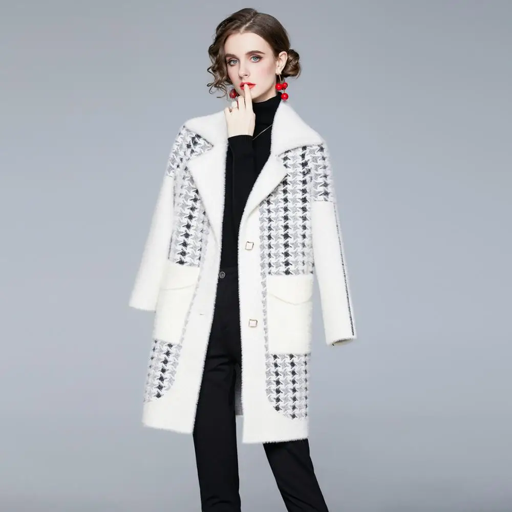

Jacques Wolf Brand Winter New Plush Warm Women's Coat Long-Sleeved Lapel Stitching Mid-length Coat