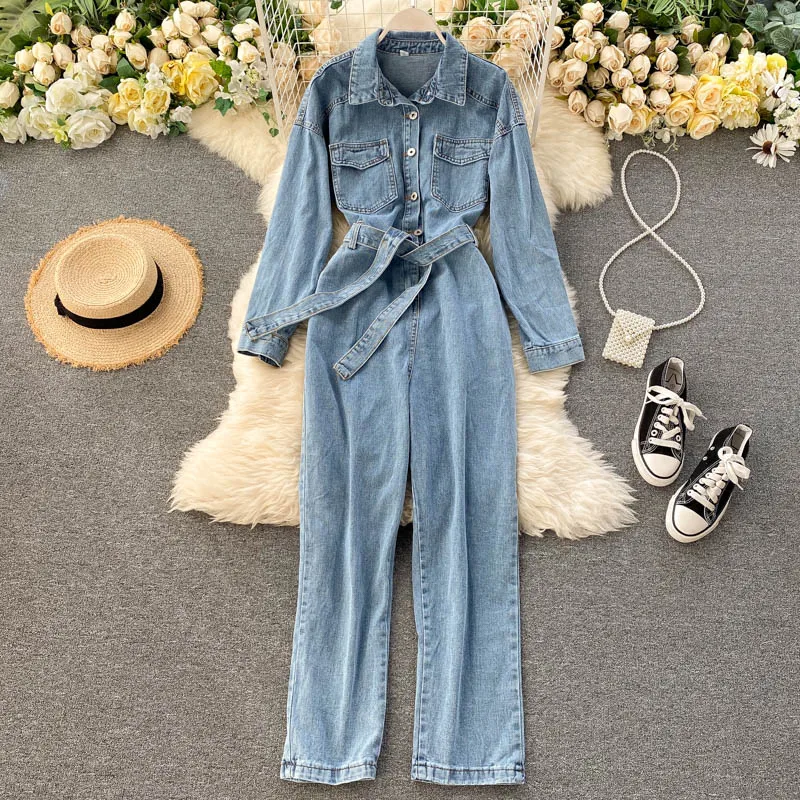 OCEANLOVE Autumn Denim Jumpsuits Women Solid Bandage Cool 2021 Ropa Mujer Korean Style Vintage Bodysuit Fashion High Waist 17690 | Женская