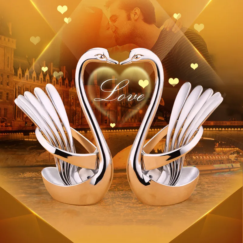 Набор столовых приборов из нержавеющей стали с держателем в виде лебедя|Столовые