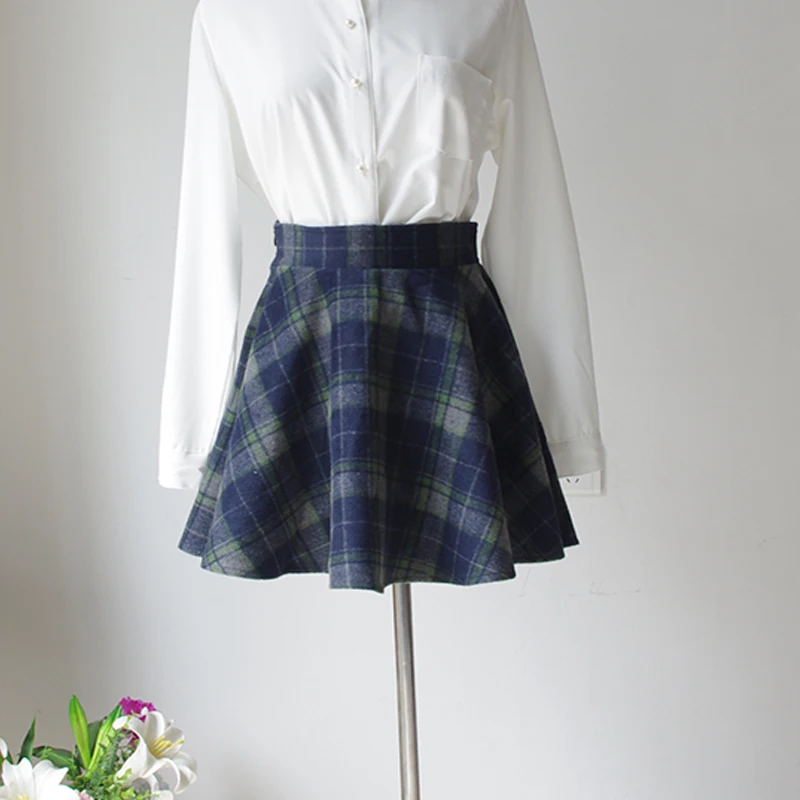 green plaid skirt ln Хлопковая юбка выше колена в шотландском стиле, Зимняя юбка в тонкую клетку с завышенной талией, короткая мини-юбка для школьниц - Цвет: green plaid skirt ln
