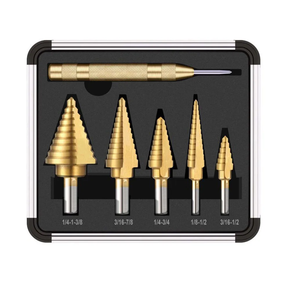 

6pcs High Speed Steel Step Drill Bit Set Metal Drilling Tool for Metal Wood Drilling Tool with Aluminum Box Step Cone Drill