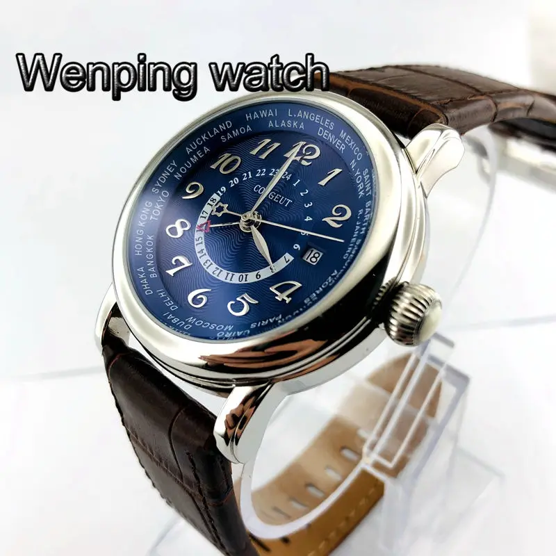 43 мм corgeut большой пилот GMT синий циферблат Дата Коричневая кожа Автоматические