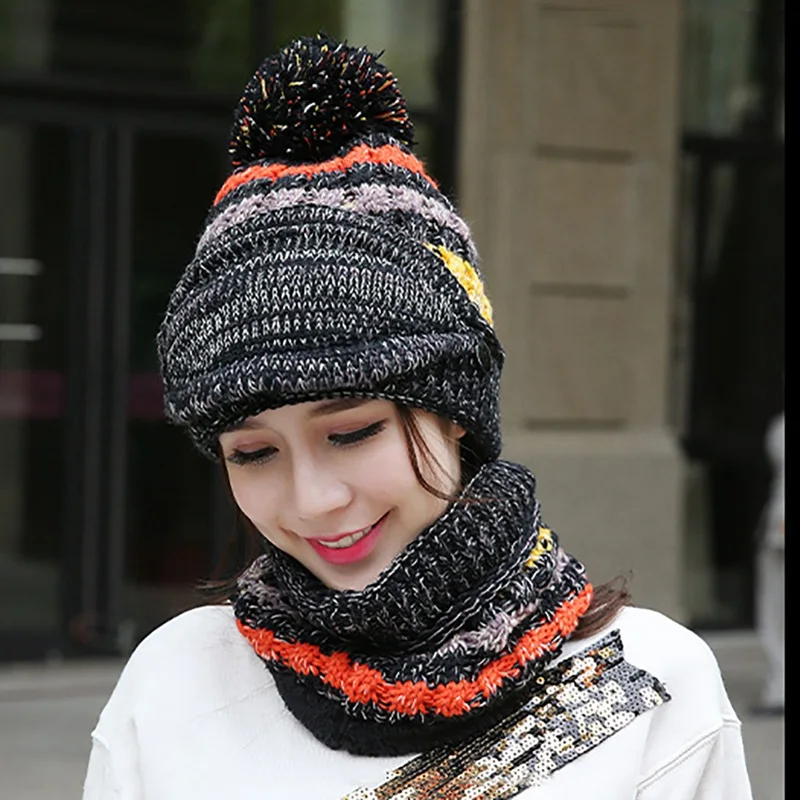 

winter Ski Knitted Cap Women outdoor Sport Running Hiking Hat Girls Detachable Warm Scarf Hats