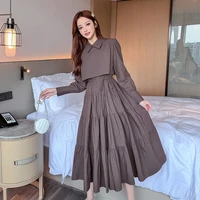 korean vintage long dress casual autumn winter long sleeve chic ruched a line dress women streetwear