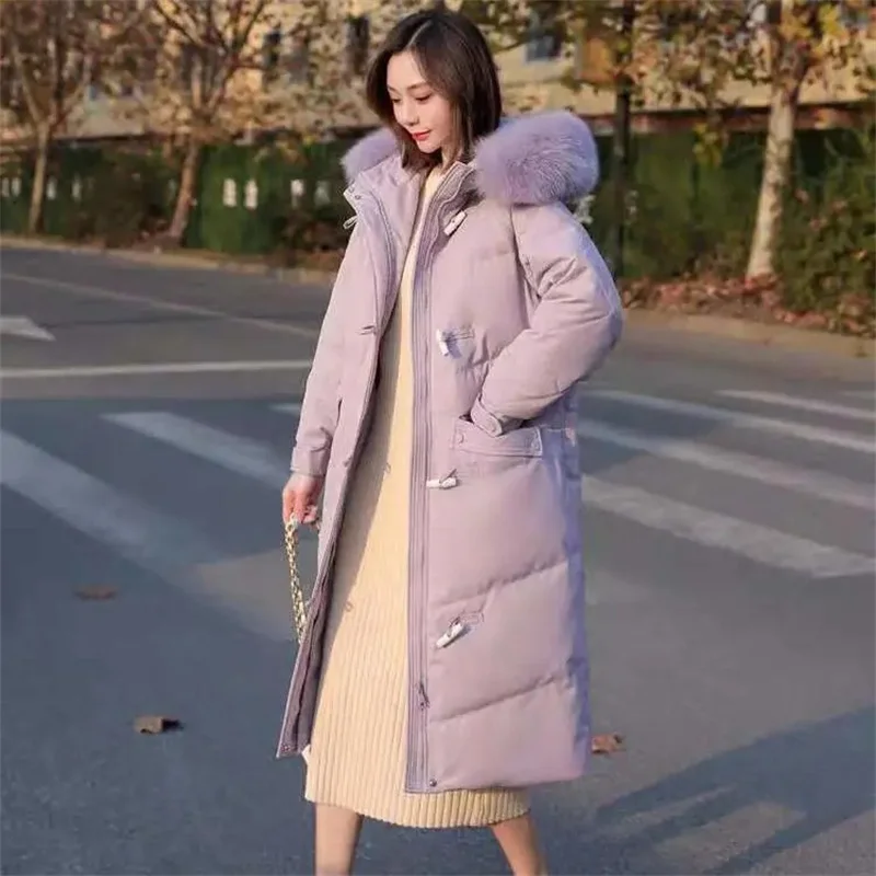 High-Grade Horn Buckle Down Padded Jacket Women Mid-Length2021Winter New Style Big Fur Collar Korean Thick Padded Cotton Clothes