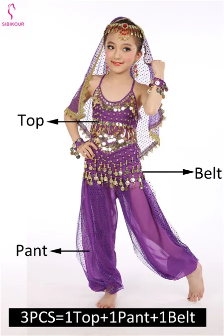 Purple 3pcs Детский набор костюма для танца живота Восточные Танцевальные костюмы для девочек Египетский Болливуд индийский танец живота одежда Индия 8 цветов - Цвет: Purple 3pcs