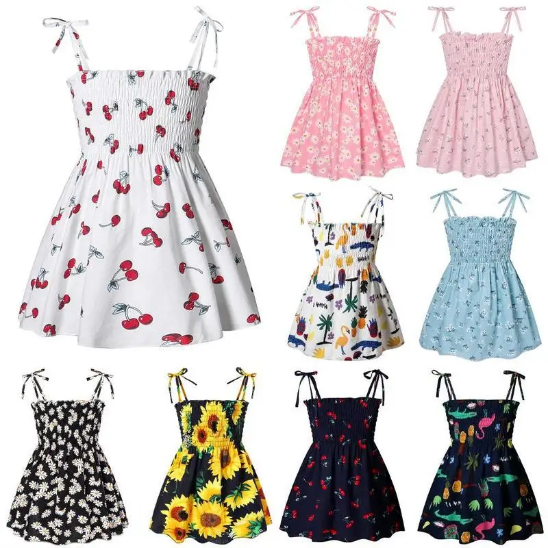 

Summer Floral Strap Dress for Baby Kids Girl High Waist Smocking Ruffle Sundress Holiday Beach Sleeveless Dew Shoulder