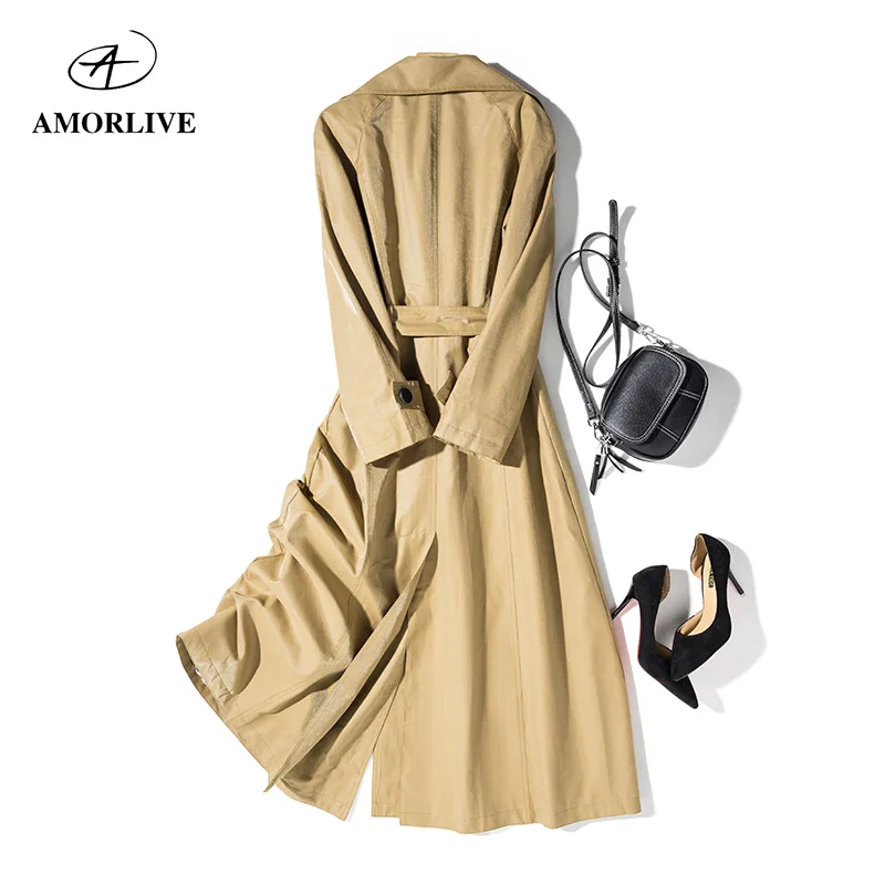 AMOR LIVE Super Long Trench Coat With Belt Waterproof Windproof Drawstring Waist Casual Female Windbreaker Elegant | Женская одежда