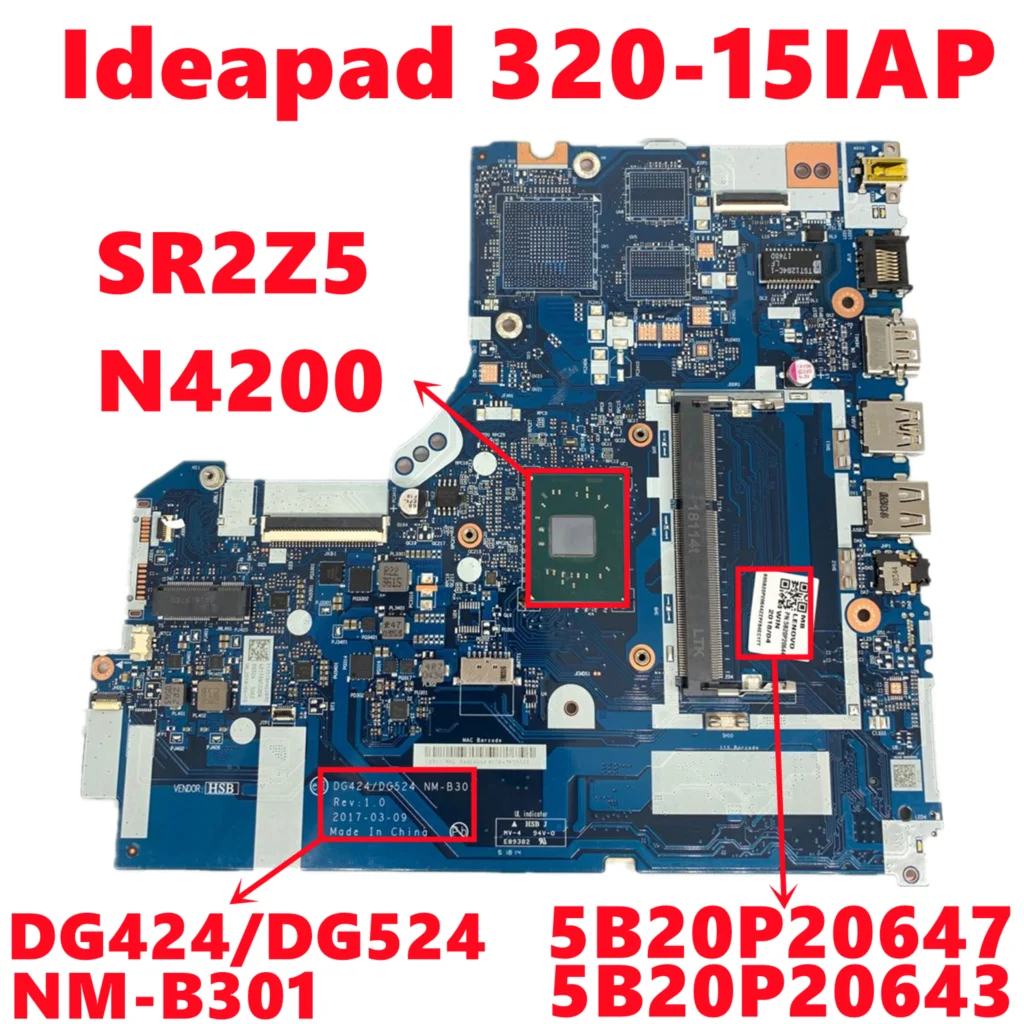 

5B20P20647 5B20P20643 For Lenovo Ideapad 320-15IAP Laptop Motherboard DG424/DG524 NM-B301 With SR2Z5 N4200 CPU Fully Tested OK