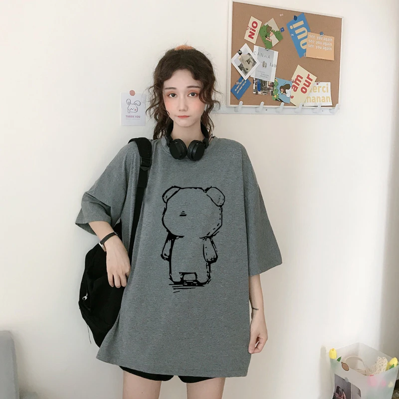 

Summer T shirt Women Cotton short sleeves Bear t shirts Cartoon Kawaii Korean Harajuku Tops Preppy Style Plus Size Tee Shirts