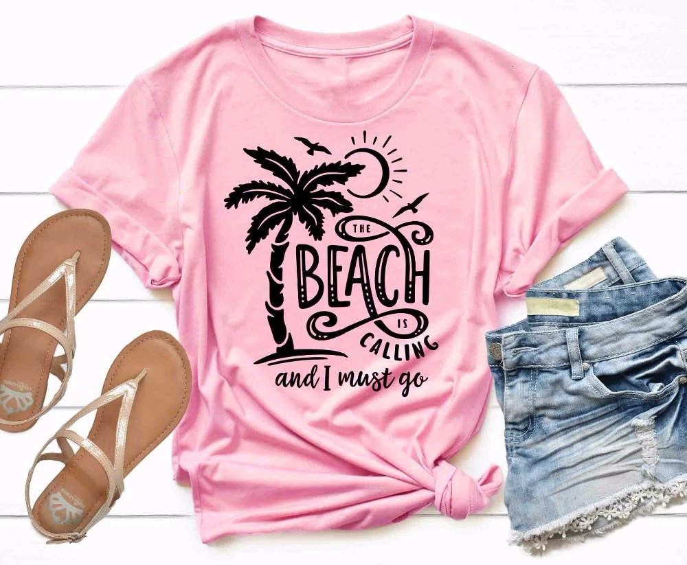 

The beach is calling and I must go t shirt camiseta rosa feminina women fashion graphic quote vintage goth grunge tee top - L088