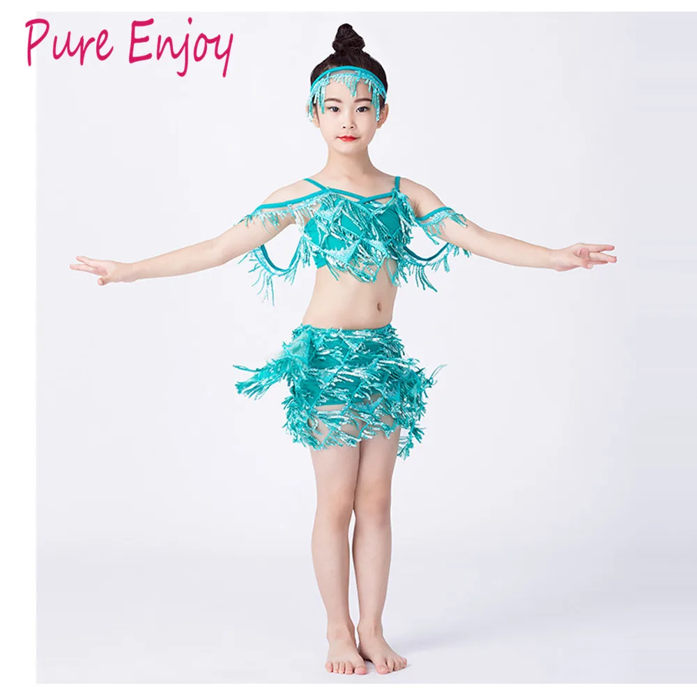 Children's Belly Dance Practice Clothing Set Children new sequins tassels inspired short skirt+top+Headwear 3pcs Suit | Тематическая