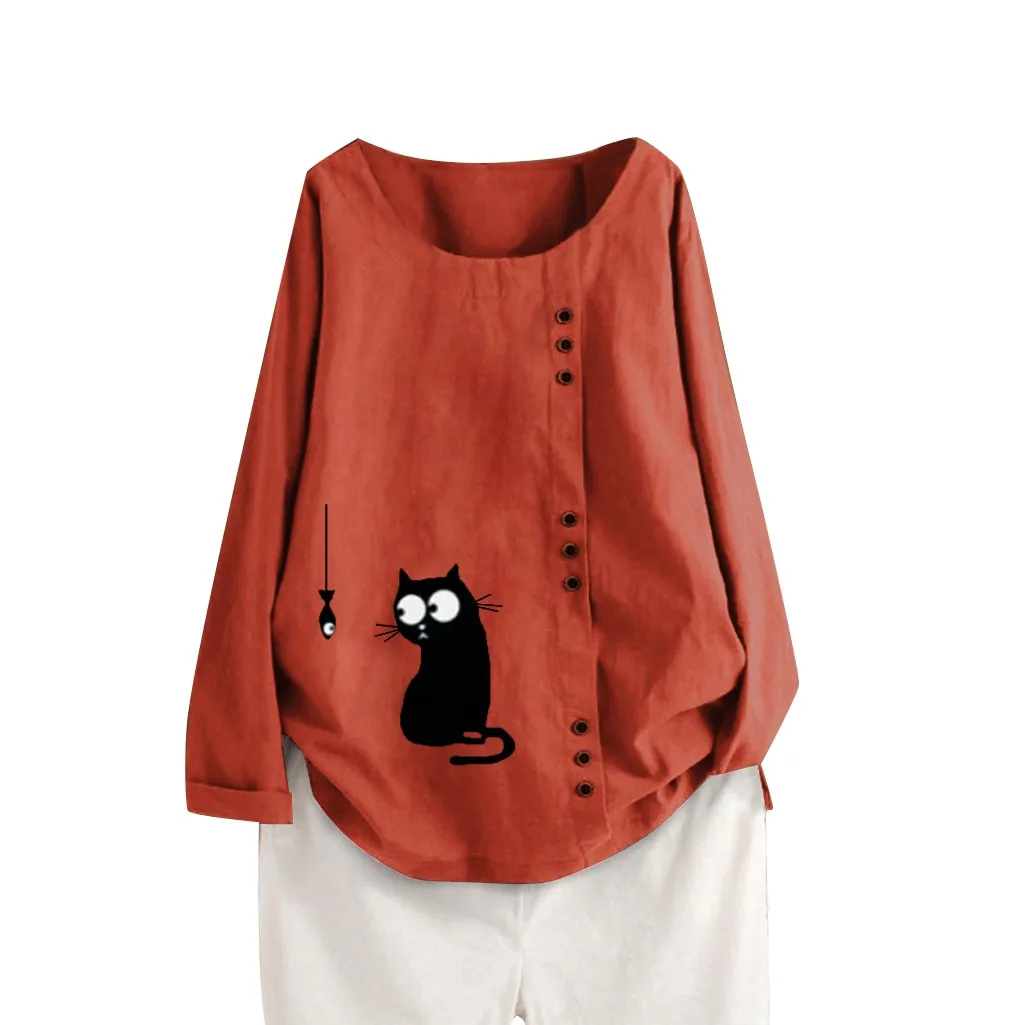 Женская Осенняя хлопковая рубашка с длинными рукавами и принтом кошек kawaii 5XL