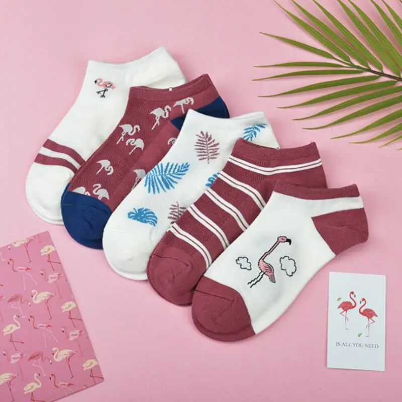 Students Cotton Socks Animal Fruit Flamingo Printed Crew Sock Woman Cotton Mesh Ankle Socks Girls Striped Summer Boat Socks