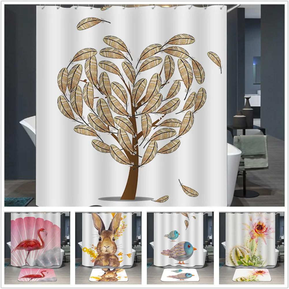 

Colored Bathroom Shower Curtains 72 inch Flamingo and Rabbit Print Waterproof Polyester Fabric Grommet Top Hotel Kids Curtain