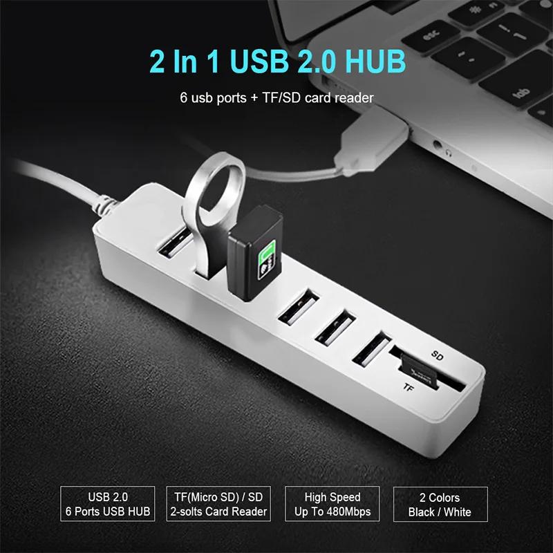 

10/90CM USB 2.0 HUB TF SD Card Reader 3 Ports 6 Ports USB Adapter Splitter 480 Gbps USB 2.0 HUB for Computer Laptop Desktop PC