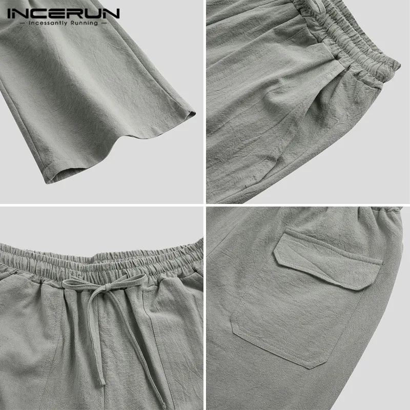 

INCERUN Vintage Men Casual Pants Baggy Cotton Drawstring Solid Color Pockets Joggers Sweatpants Workout Trousers Men Streetwear