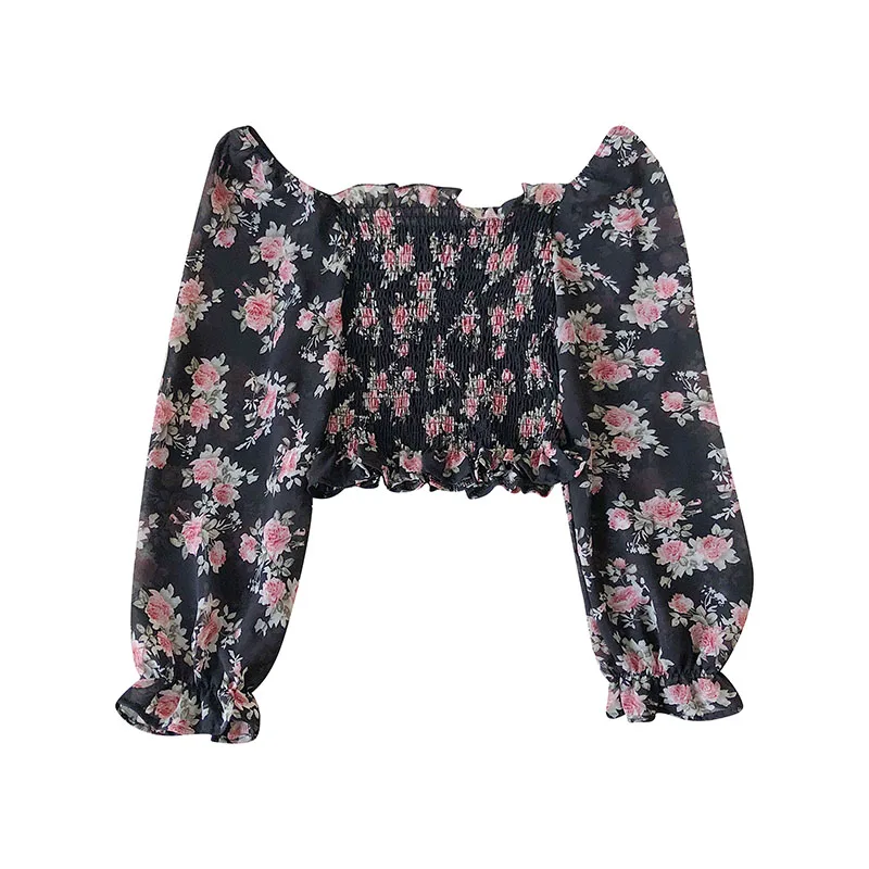 

2020 new ruffled neckline off-shoulder floral trumpet sleeve pullover chiffon shirt top trend korean blouses 2020 Chiffon