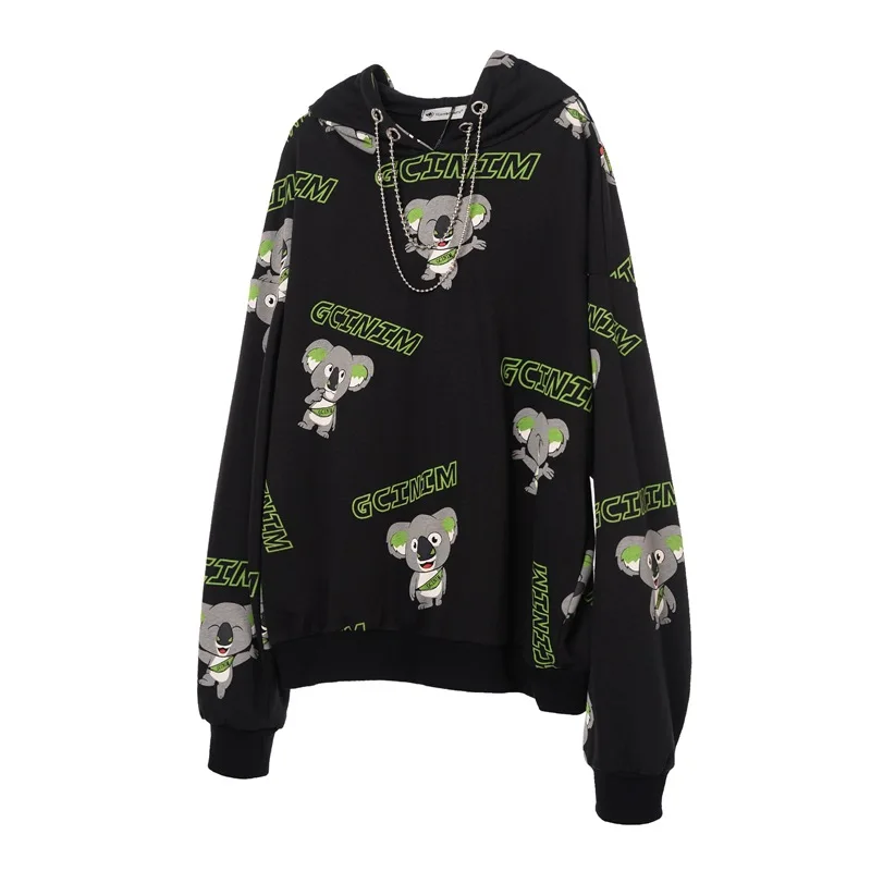 

Dropshipping Hip Hop Cara Bear Print Hooded Sweatshirts With Necklace Men Women Casual Loose Hoodie Pullover Fashion Couple Tops