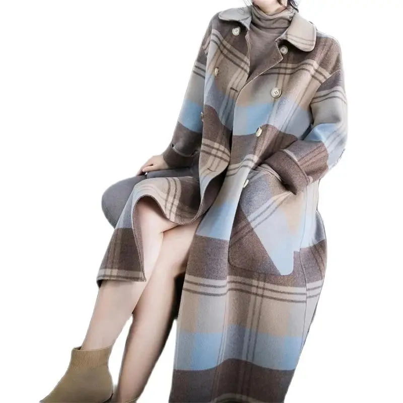 Женское шерстяное пальто в клетку средней длины новинка зимы 2021 универсальное