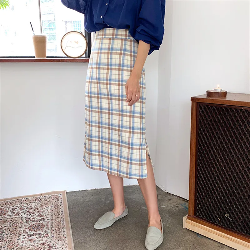 Юбка Хлопковая женская длинная в клетку с эластичной талией корейском и японском