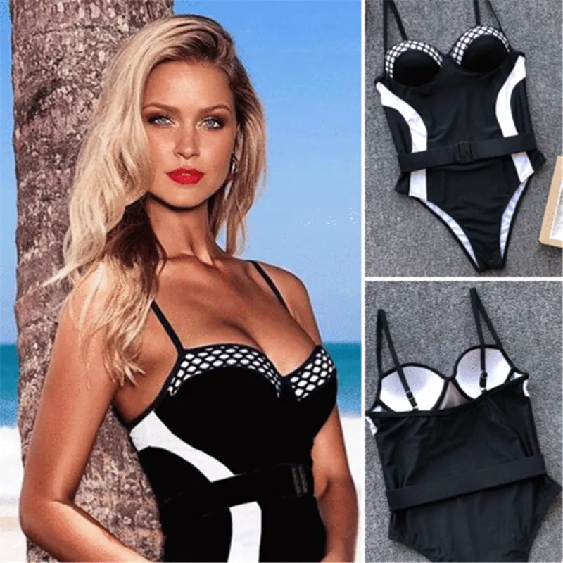 Sexy Women One Piece Swimsuit New Black Patchwork Beachwear String Sling Slim Bodysuit Bikini Push Up Bathing Suit Swimwear | Спорт и