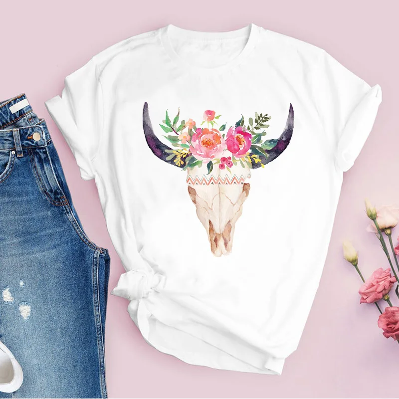 

Women Graphic Bull Heifer Funny Cute Floral Flower Cute Printed Tops Lady Tees Clothing Female T Shirt Womens T-Shirt