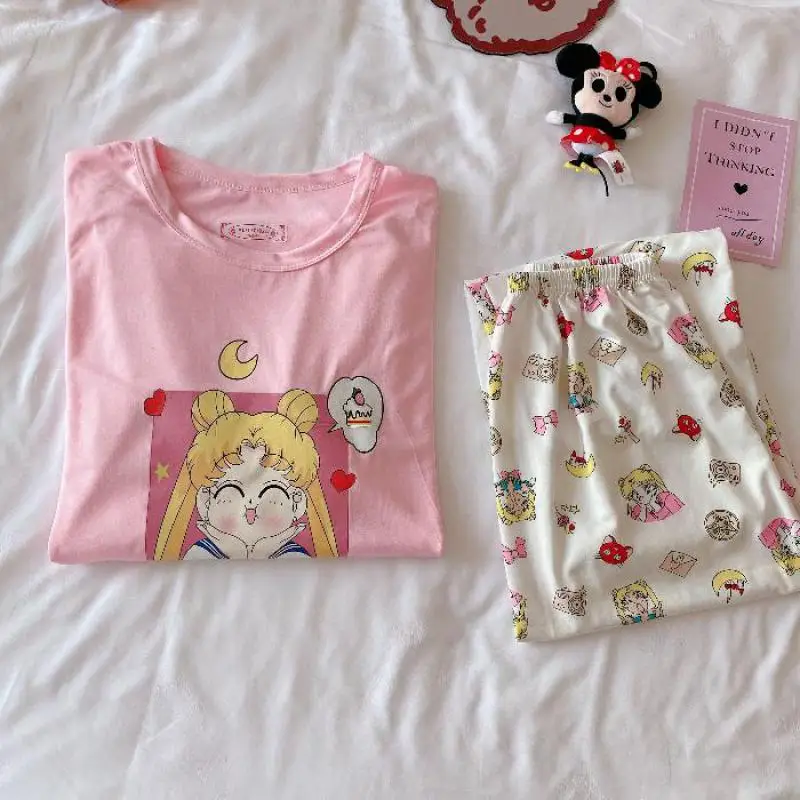 

Tonngir Sailor Moon Print Pajama Set For Women Cotton Pyjama Short-sleeved Sleepwear Female Homewear Nightsuit Summer 2021