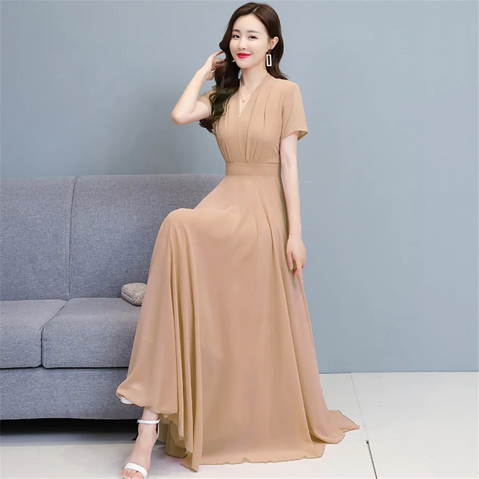 

Boho Casual Solid Chiffon Dress Summer V-Neck Long Party Dress Women Elegant Slim Short Sleeve A-line Dress Vestidos