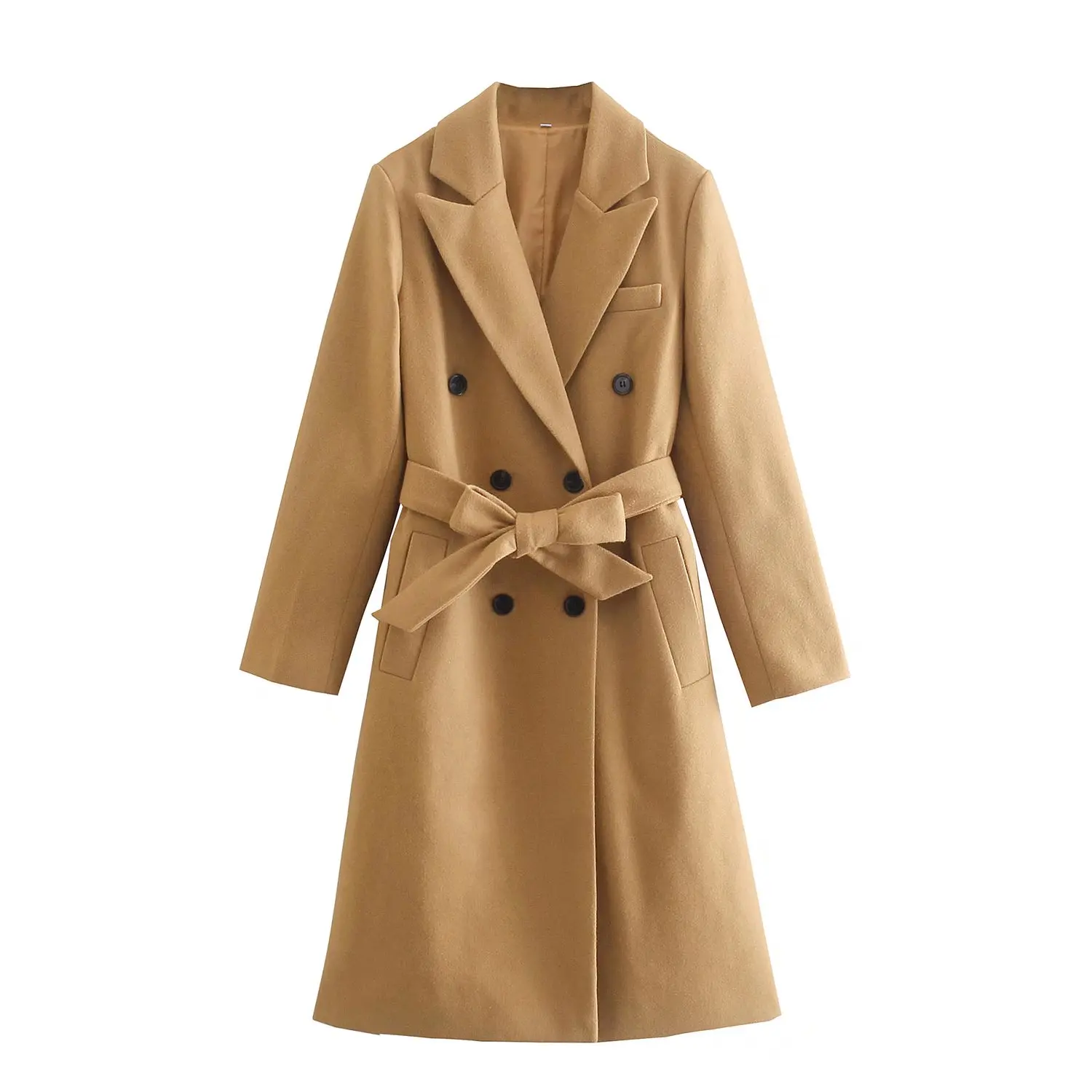 

WXWT Za Women Winter Khaki Double Breasted Woolen Coats Loose Long Sleeves Pocket Ladies Elegant OverCoat With Belt SYJZ2091