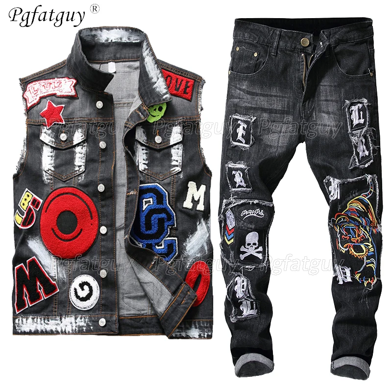 Мужской джинсовый комплект из 2 предметов потертый жилет с вышитой головой орла и