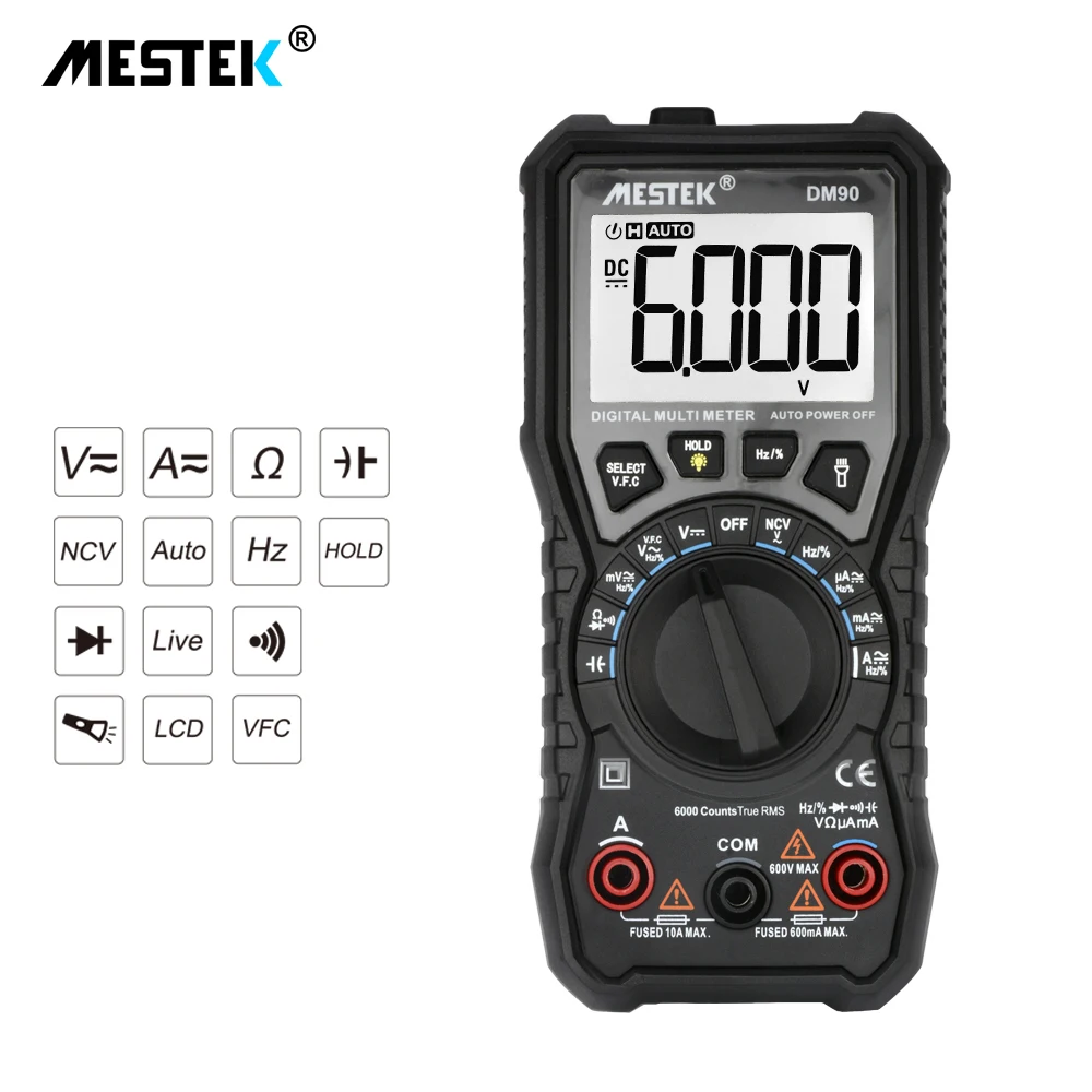 

DM90 Handheld Digital Multimeter 6000 Counts LCD Backlight Portable AC/DC Ammeter Voltmeter Ohm Voltage Tester Meter Multimetro