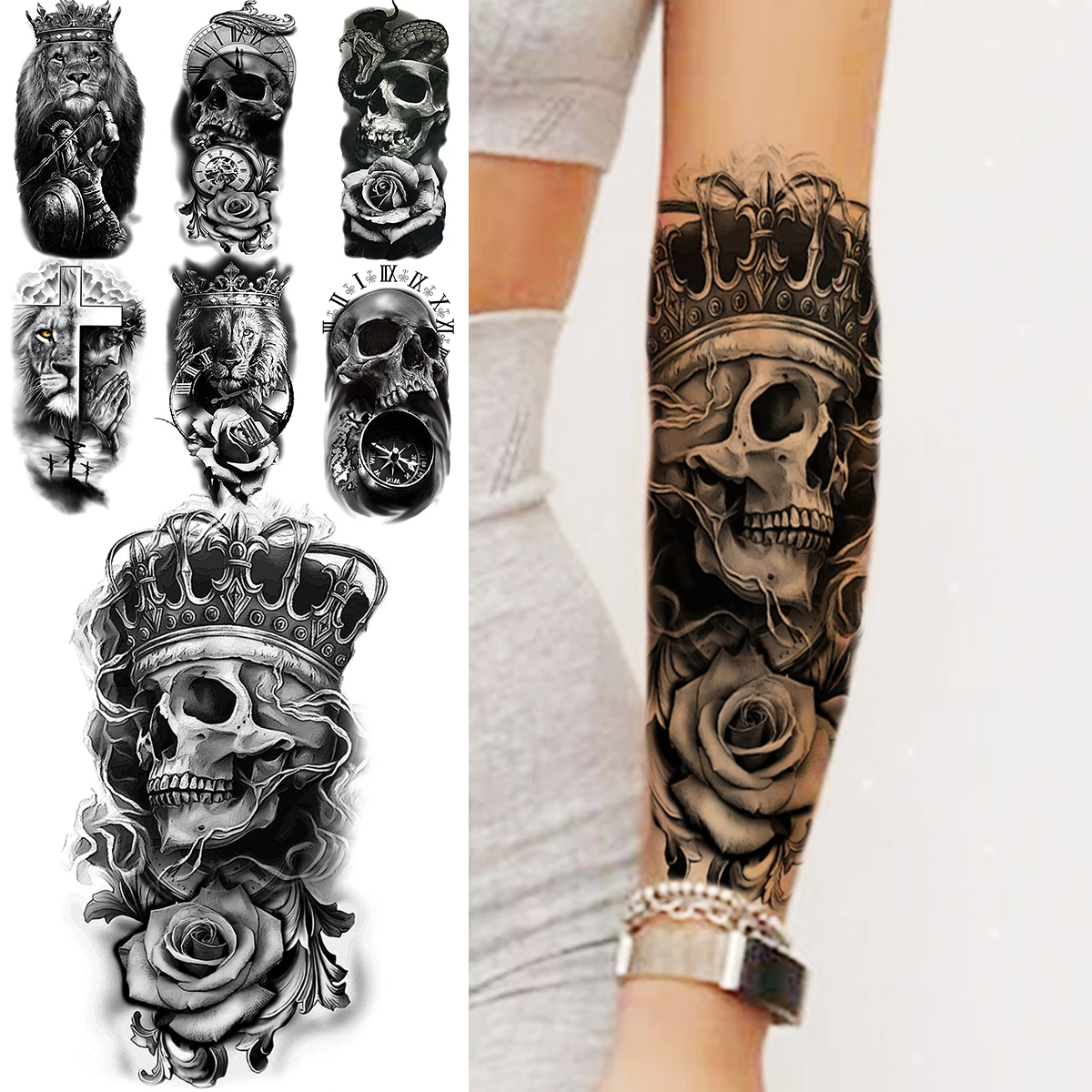 

Skull Skeleton Flower Rose Temporary Tattoos For Women Adult Lion Compass Realistic Fake Tattoo Sexy Half Sleeve Tatoos Decal
